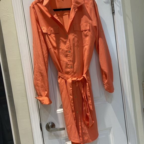 Calvin Klein Womans Gold Button Down Peach Dress L With Tie Belt  L 530 - Picture 1 of 14